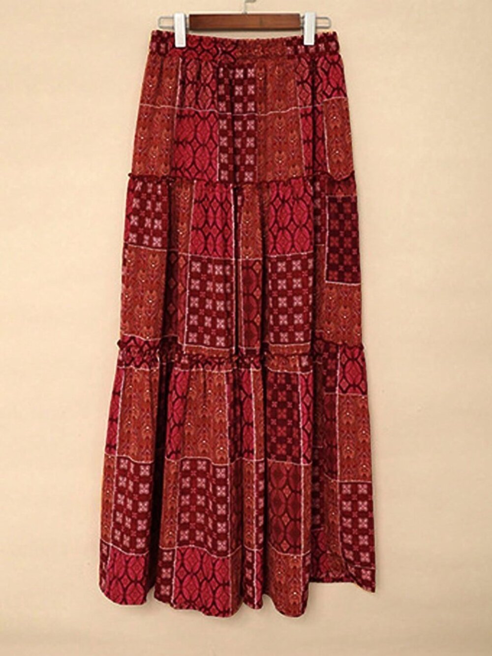 Burgundy Bohemian Women's High Waist Skirt with Floral Print Lace Hem - Picture 8 of 8